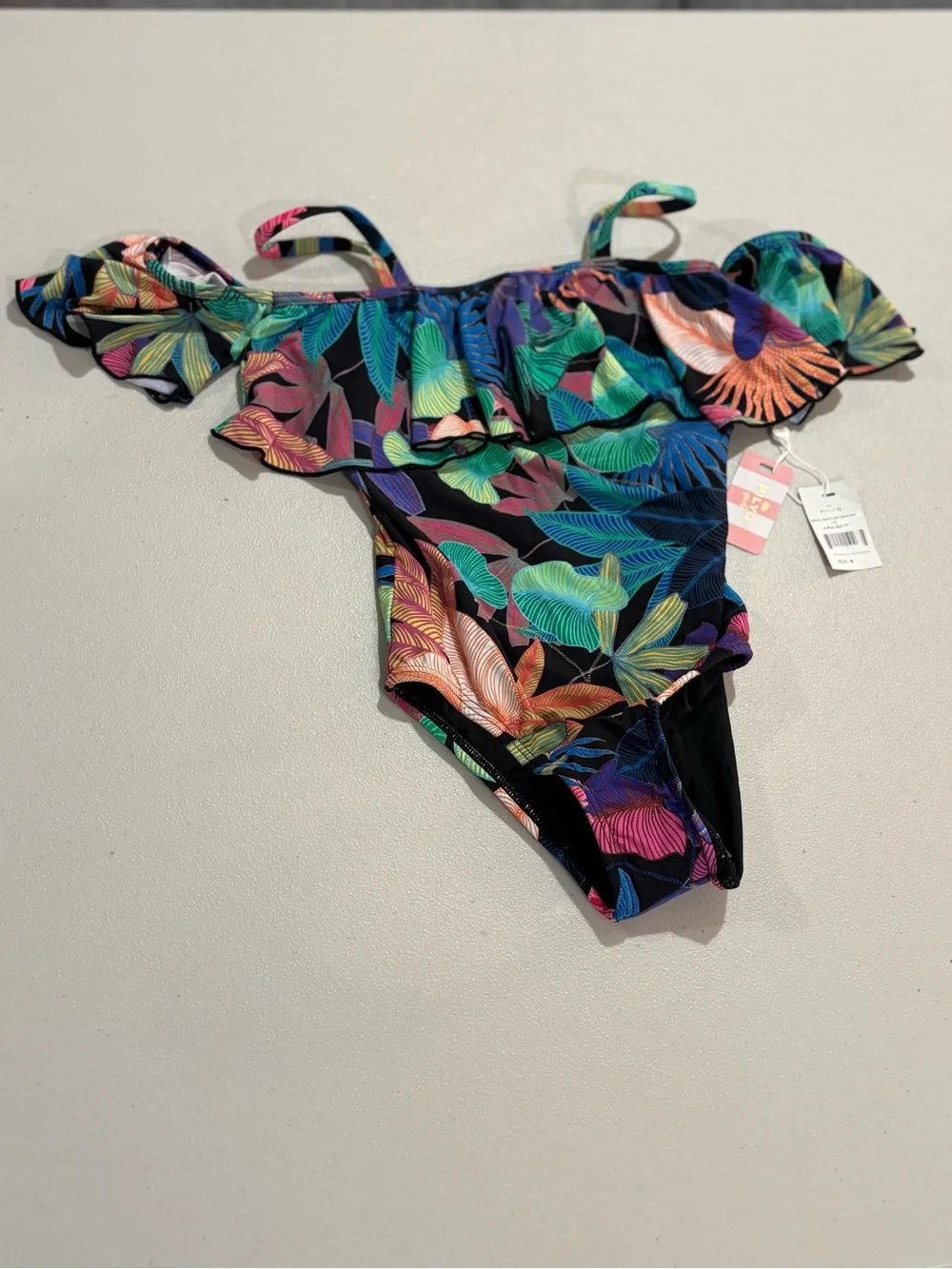 PQ Swim Girls Black Tropical Leaf Ruffle One-Piece